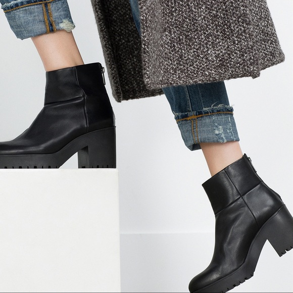Zara Shoes Black Leather Boots W Platform Track Sole Poshmark